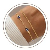 Turandoss Gold Bracelets for Women Teen Girls, 14K Gold Plated | Dainty Zirconia Clover, Evil Eye Bracelets, Layered Bracelet Set, Waterproof, Hypoallergenic, Jewellery Gifts for Women Girls