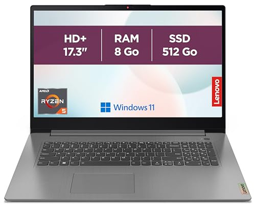 Lenovo IdeaPad 3 17ABA7 - Ordinateur Portable 17.3'' HD+ (AMD Ryzen 5 5625U, RAM 8Go, SSD 512Go, AMD Radeon Graphique, Windows 11 Home) Clavier AZERTY Français - Gris
