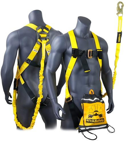 KwikSafety SCORPION Safety Harness | Full Body Fall Protection Harness w/Attached 6ft Tubular Lanyard | Construction Fall Arrest System | ANSI OSHA Certified PPE