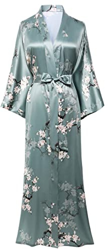 BABEYOND - Vestaglia da donna lunga in raso, kimono estivo con motivo floreale stampato, Stil3 - Verde, taglia unica-L