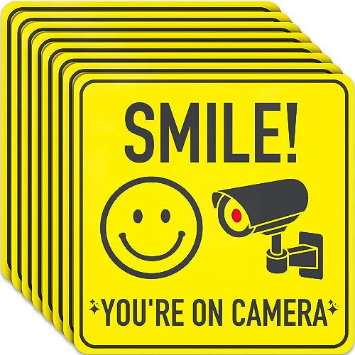 Smile You Are On Camera Signs - Ideal CCTV Stickers for Window - 7 X 7 Inch - 8 Pack - Perfect Signs For Video Surveillance of House, Business, Yard or Driveway