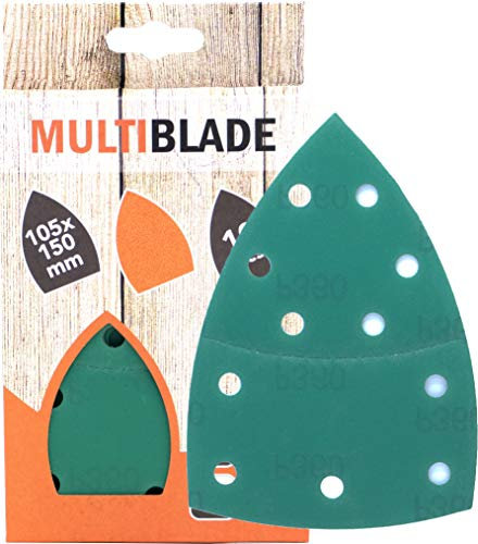 Multiblade Hoja de lija profesional con velcro, 100 x 62 + 93 mm, 10 unidades, grano 400, 11 agujeros, para madera y metal, calidad profesional, para lijadora delta