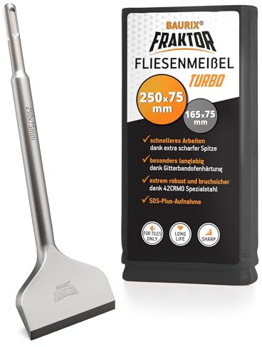BAURIX® Scalpello SDS Plus - Sistema FRAKTOR® - Scalpello Piastrelle per rimozione delle piastrelle e adesivi per piastrelle senza sforzo - Scalpelli SDS Plus in acciaio speciale 42CrMo (250 x 75 mm)