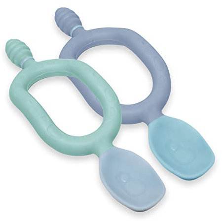 Bibado - Dippit Baby Spoon and Dipper, Mint & Blue (2-Pack) - Soft, Chewable Dipper & Deep Spoon - Two-Hand, Sensory Grip - Baby Weaning Set - Weaning Spoons - Baby Gifts - Baby Essentials - 6 Months+