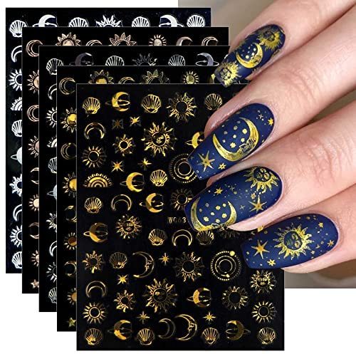 JMEOWIO Nagelsticker Mond Stern Sonne 10 Blatt Nail Art Sticker Selbstklebend Nagelaufkleber Bunt Dekoration Nageldesign Zubehör