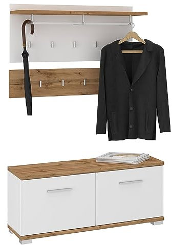CARO-Möbel Garderobenset BILBAO 3-teilig, Wotan Eiche/Weiß, ideal für Flur und Eingangsbereich, mit 9 Haken, Kleiderstange, Hutablage und Schuhbank
