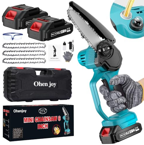 Mini motosierra inalámbrica de 6 pulgadas, motosierra de mano con engrasador automático, 2 baterías y 3 cadenas, motosierra eléctrica portátil para cortar árboles o madera, jardinería, regalo ideal