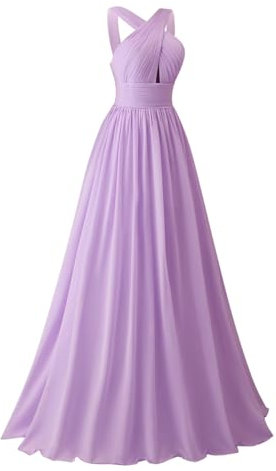Vestido de dama de honor de princesa halter, plisado, de gasa, formal, vestido de fiesta de noche, ZM099, Lila, 60 Grande