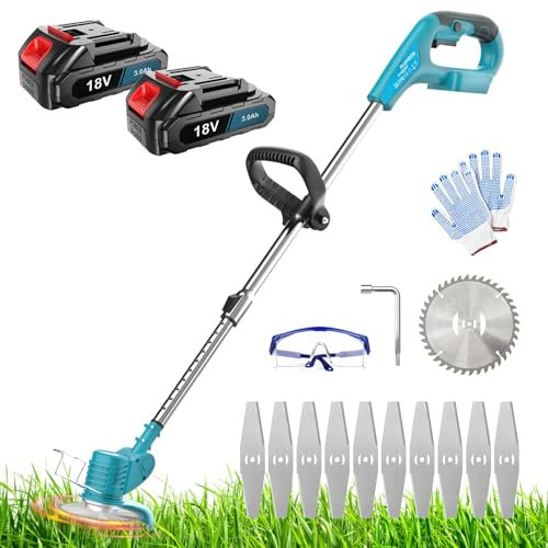 Akku Rasentrimmer mit Kreissägeblatt und Metallklinge zum perfekten Trimmen von Unkraut, geeignet für Garten, Rasenmähen im Freien, kompatibel mit Makita 18 V Akku (mit 2 Stück 3,0 Ah Akkus)