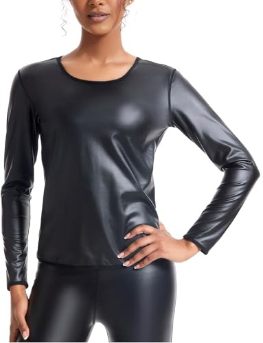 AUSing långärmade toppar, läder, damer, metallisk långärmad skjorta, stretch, topp, hippa, danstopp, karneval, festivalkostym, XS-3XL, svart, L