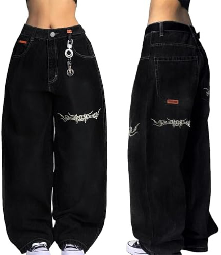 ORANDESIGNE Baggy Jeans Damen Denim-Hose Mittel-Niedrige Taille Weites Bein Y2K Jeans Hip Hop Streetwear C Schwarz S