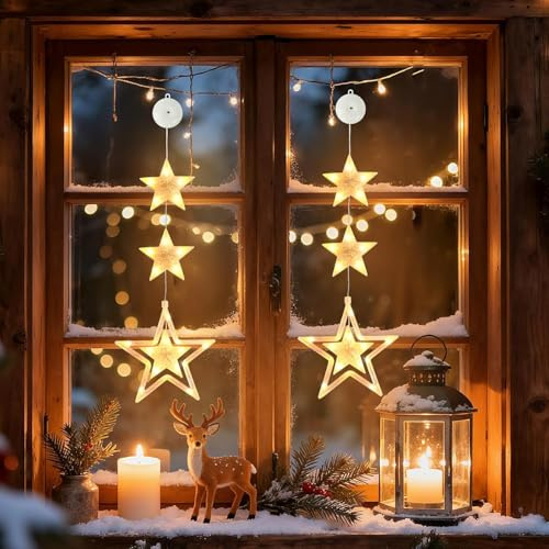 WUQNGI Weihnachtsbeleuchtung Fenster Innen,2 Stück LED Stern Fenster Batteriebetriebene mit Saugnäpfe,Fensterdeko Weihnachten Warmweiß mit Timer,3 Modi,Lichtervorhang für Fensterlicht Weihnachtsdeko