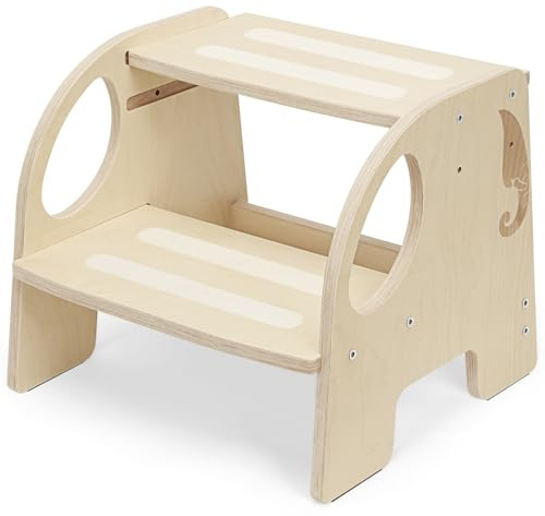 OSTWOLKE Tritthocker Kinder Holz 2 Stufen, Höheneinstellbar, 90kg Tragkraft | Hocker Kinder mit rutschfeste Trittfläche, Rutschfesten Fußpolstern und Tragbaren Griffen, Kinderhocker für Bad, Küche