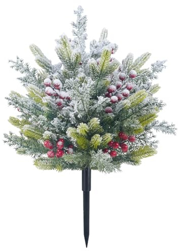 Árbol de arbusto de Navidad artificial de 23/26 pulgadas con bayas rojas heladas de nieve y ramas de pino, con un toco de estaca para patio al aire libre y maceta de puerta delantera, decoración de