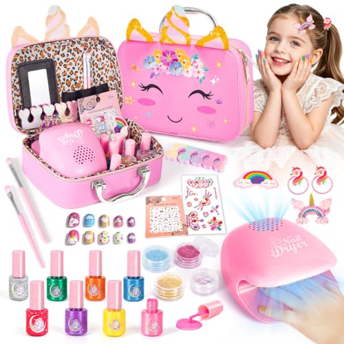 Hohosunlar Kit Manucure Enfant Fille, Set Vernis Enfant à l'eau avec Sèche Ongles Malette Maquillage pour Enfants Vernis à Ongles Pelable Autocollants Cadeau Noël Anniversaire pour Filles 3-12 Ans