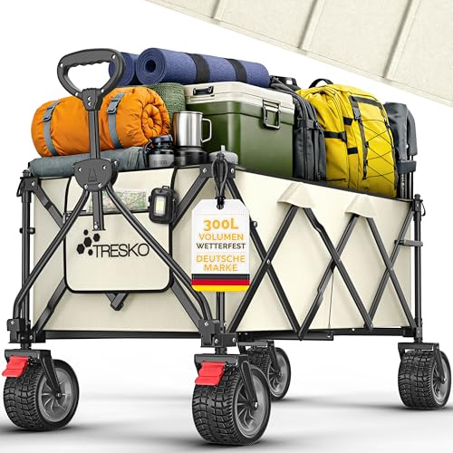 TRESKO® Carro plegable 300L con freno | Carro de mano plegable 150kg incl. neumáticos de goma completa | Carrito de playa plegable con ruedas extra anchas todo terreno | Carrito de transporte con