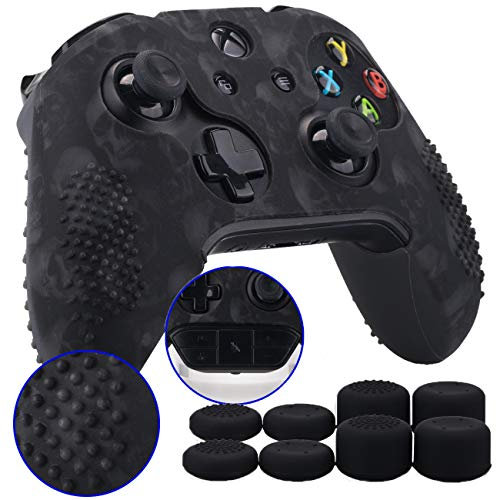 9CDeer 1 Schutz Transferdrucken Silikon Abdeckung Haut Ärmel Fall Cover Skin Hülle +8 Thumb Grips Aufsätze zum Xbox One/S/X Controller Schädel Schwarz Kompatibel mit Offizieller Stereo Headset Adapter