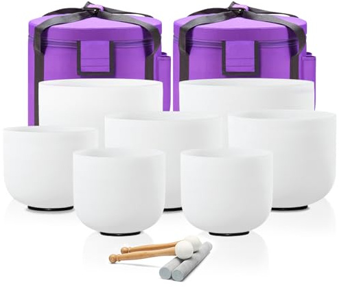 CVNC 432HZ 7-12 Inch Set of 7 Pcs Frosted Quartz Crystal Singing Bowls Set with 2 Pcs Carry Case Bags for Sound Healing Meditation