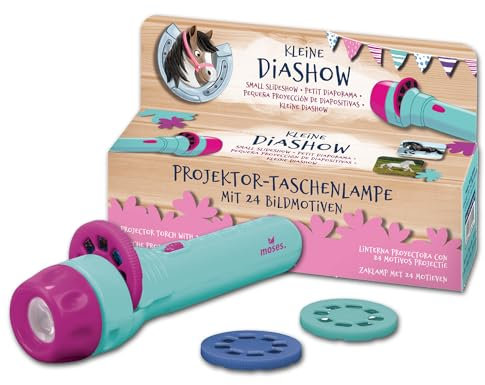 moses 38108 Kleine Diashow Projektor-Taschenlampe für Kinder, mit 24 Pferde Motiven und Namensübersicht , 1 Taschenlampe, 3 Bildscheiben, 3 Knopfzellen