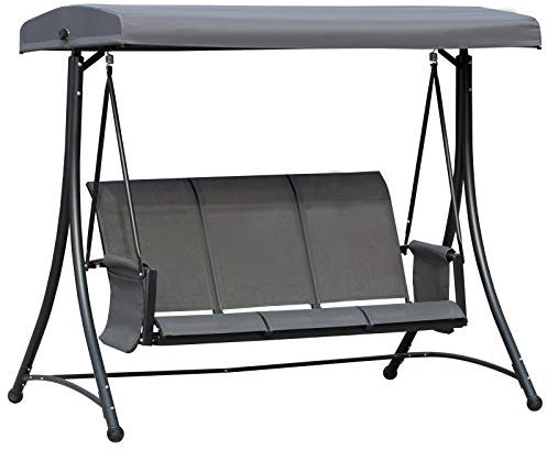 Outsunny 3 Seater Garden Swing Seat Outdoor Swing Chair with High Back Design, Steel Frame, Side Pouches, Adjustable Canopy, Charcoal Grey