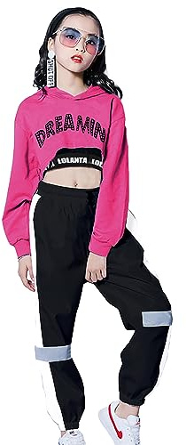 LOLANTA Hip Hop-kostymer för barn i 3 delar träningsoverall för flickor huvtröja linne joggingbyxor, Rosenröd, 11-12 anni