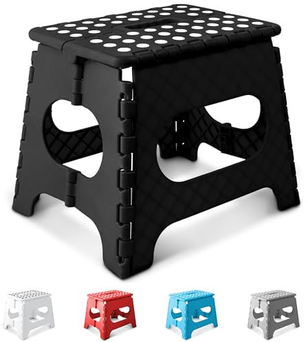 KEPLIN 11 Inch Heavy Duty Folding Step Stool | Non-Slip Foldable Footstool for Toddlers, Children & Adults | Portable, Lightweight Plastic Footstep w/Carrying Handle for Indoor or Outdoor (Black)