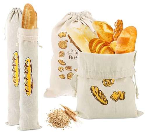 Casenly Sacchetto Portapane, 4 Pezzi Borsa per il Pane in Lino, Sacchetto Pane Salvafreschezza, Sacchetti Lino Pane Riutilizzabili, Tasche con Coulisse Lino per Conservazione di Pane Frutta Verdura