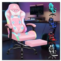 ALFORDSON Massage-gamingstol, spelstol med LED, 150° lutning, ergonomisk chefsfåtölj, PU-läder med fotstöd, höjdjusterbar, racingstol, 180 kg lastkraft, rosa