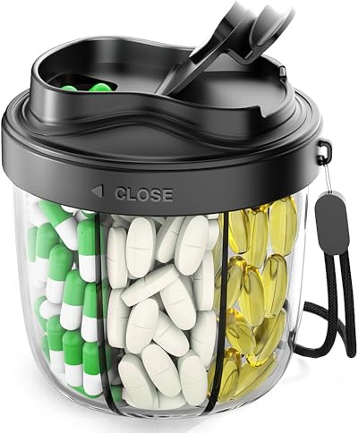 Pill Organizer,Pill Dispenser with 7 Large Compartments,Portable Pill Box Bottle Box with Wide Opening for Easy Use, Anti-Mix Tablet Organiser for Travel,Includes 20 Pcs Sticky Labels（Black）