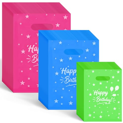 WOOWAIR 300 stycken presentpåsar för shopping, shoppingkassar plast, bärkassar plast med Happy Birthday, festpåsar presentpåse för semestern, födelsedag, 3 storlekar och färger