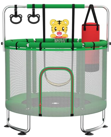 MaxBinTon Trampoline pour Enfants 140 cm intérieur/extérieur – Charge maximale 50 kg avec Filet de sécurité, Barre de Gymnastique réglable et Panier de Basket, Cadeau pour garçons et Filles