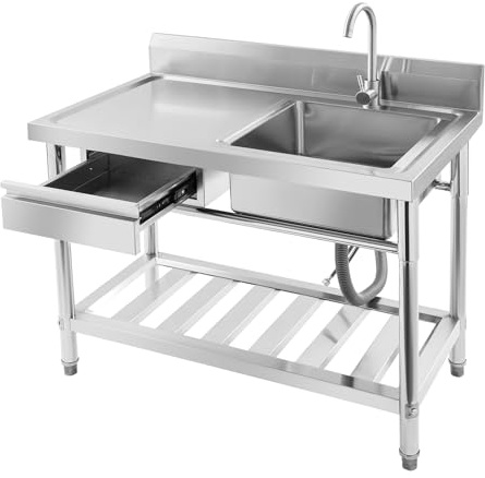 BRRIDE Freistehende Edelstahl-Spüle mit Schublade, 1 Becken Gewerbliche Spülbecken mit Wasserhahn Kalt- & Warmwasseranschluss für Küche, Gastronomie & Haushalt, 100x60x80cm (Rechte Spüle)
