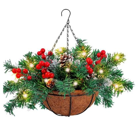 Guangcailun Vibrant Red And Green Balls Christmas Hanging Basket With Realistic Pine Leaves Easy Suspension With Sturdy S-shaped Hooks Christmas Artificial Hanging Flower Basket, H1-19