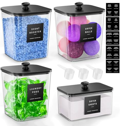 FARYODI Set med 4 tvättmedelsbehållare, 2,5 l tvättpulverbehållare med bambulock, transparent akrylarrangör för badrum, 3 mätskedar och 12 etiketter ingår