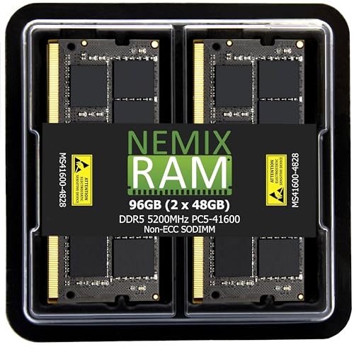 NEMIX RAM Memorycity MS41600-4828 Barrette de mémoire RAM DDR5 5200 MHz PC5-41600 non ECC 262 broches 1,1 V 42-42-42 SODIMM pour ordinateur portable 96 Go (2 x 48 Go)