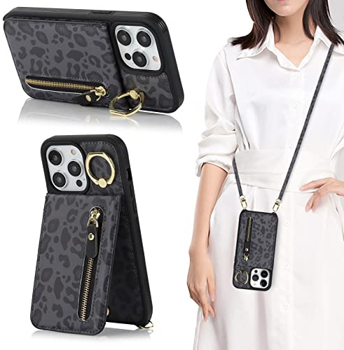CAVOR Handykette Handyhülle Kompatibel mit iPhone 13 Pro Hülle Mit Band,Flip Leder Geldborse Hülle,[4 Kartenfach][Mit Ring][Reißverschluss],Handytasche zum Umhängeband - Schwarz Leopard