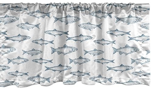 ABAKUHAUS Angeln Plattenschürze 2er Pack, Horizontal Gezeichnet Fisch Skizzen Unterwasserkreaturen in maritimem Stil-Layout, Vorhang Volant für Dekor, 107 cm x 45 cm, Slate Blau Weiß