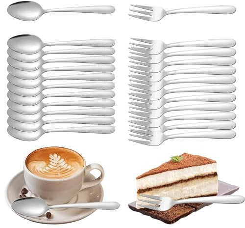 Gohytal Kaffeelöffel und Kuchengabeln Set 24 Stück, Kleine Löffel und Gabeln Set, Löffel und Gabel Edelstahl, 12 Löffel Kleine 5,71 Inch und 12 Gabel Kleine 5,71 Inch Set für Weihnachtstag, Geburtstag