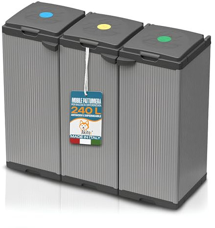 AKITAInk Pattumiera Sistema di Raccolta Differenziata Akitris – Set di 3 Contenitori con Scomparti Separati per Rifiuti, Capacità Totale 80-110 litri, Misure: 102x39,5x85 cm – Prodotto in Italia