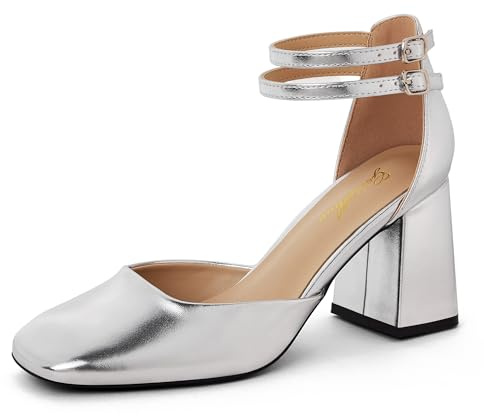 GENSHUO Zapatos de Tacón Grueso para Mujer, Doble Correa al Tobillo, Punta Cuadrada, Tacones Elegantes y Cómodos para Vestimenta Formal, Plata Mate, 42 EU