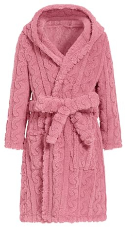 JiAmy Albornoz para niñas, bata de baño de forro polar con capucha para niños, bata de baño suave y cálida para niños, toalla de baño de pelo esponjoso, 4-14 años, Rosa Roja, 13-14 años