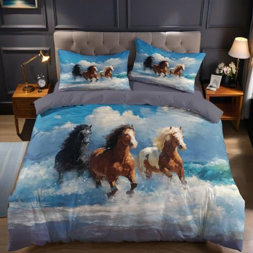 Cielo Azzurro Set Copripiumino Matrimoniale 200x200 cm Cavallo sulle onde della spiaggia Biancheria da Letto in Cotone Poliestere con 1 Copripiumino e 2 Federe 50x80 cm per Ragazzi e Ragazze