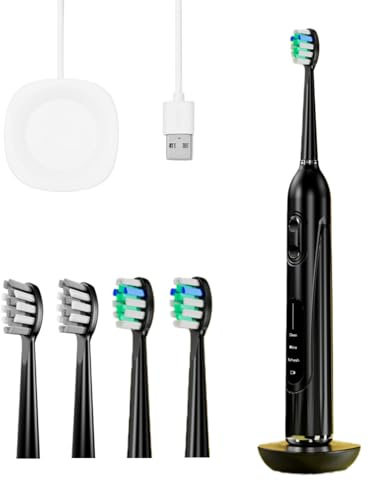 iX Sonic Schallzahnbürste，Tiefenreinigung，mit 3 Modi, 7 Intensitätsstufen, IPX7 wasserdicht, inklusive Ladestation und 4 Bürstenköpfen, wiederaufladbar