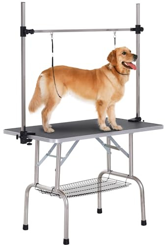 PawHut 42 Foldable Dog Grooming Table Adjustable Pet Cat Rubber Top Black