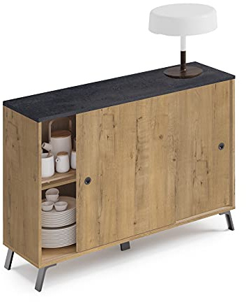 MUEBLES PITARCH Aparador Salón Comedor, Buffet, Mueble Auxiliar, 2 Puertas correderas, Roble Gold con Patas Negras, 87x120x40cm, Despensa, Cocina, Despacho, Recibidor Moderno Industrial, Modelo Kamet