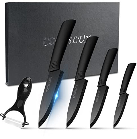 CORESLUX Keramikmesser Set, 4 Keramik Küchenmesser Set mit 1 Sparschäler, Antihaftbeschichtet, Scharf, Kochmesser, Messerkeramik Set zum Schneiden Obst Gemüse Fleisch (Schwarz)