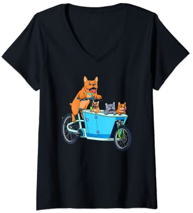 Damen Süße Comic Hunde auf Cargo Fahrrad T-Shirt mit V-Ausschnitt