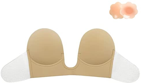 Simoda Självhäftande axelbandslös BH osynlig klibbig BH push-up u-dopp-bh med bröstvårta skydd för kvinnor V-ringad rygglös klänning, BEIgE, B