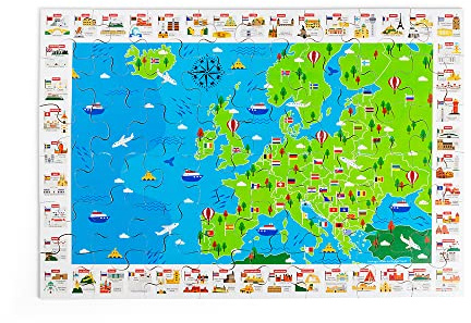 Bigjigs Toys Europe World Map Puzzle with Flags & Landmarks - 48 Piece Floor Puzzle (40cm x 58cm) For 2 3 4 5 Year Olds