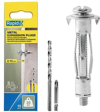 Rapid Hohlraumdübel Metall mit M4 Schraube für einlagige Gipskartonplatten und Gipsfaserplatten (3-13mm), Tragfähigkeit 25 kg, im Set mit Bohrer und PH2-Schraubbit, Silber, 10 Stück